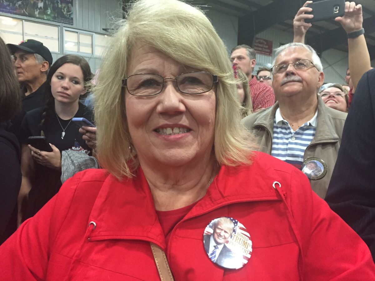Stephanie Moore sports a Donald Trump button at a rally in Springfield, Ohio. (Lisa Mascaro / Los Angeles Times)