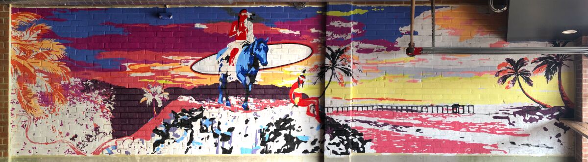 A large mural created by Indigenous artist Joseph Hopkins is on display at 3R Brewery's new tasting room in Ocean Beach.