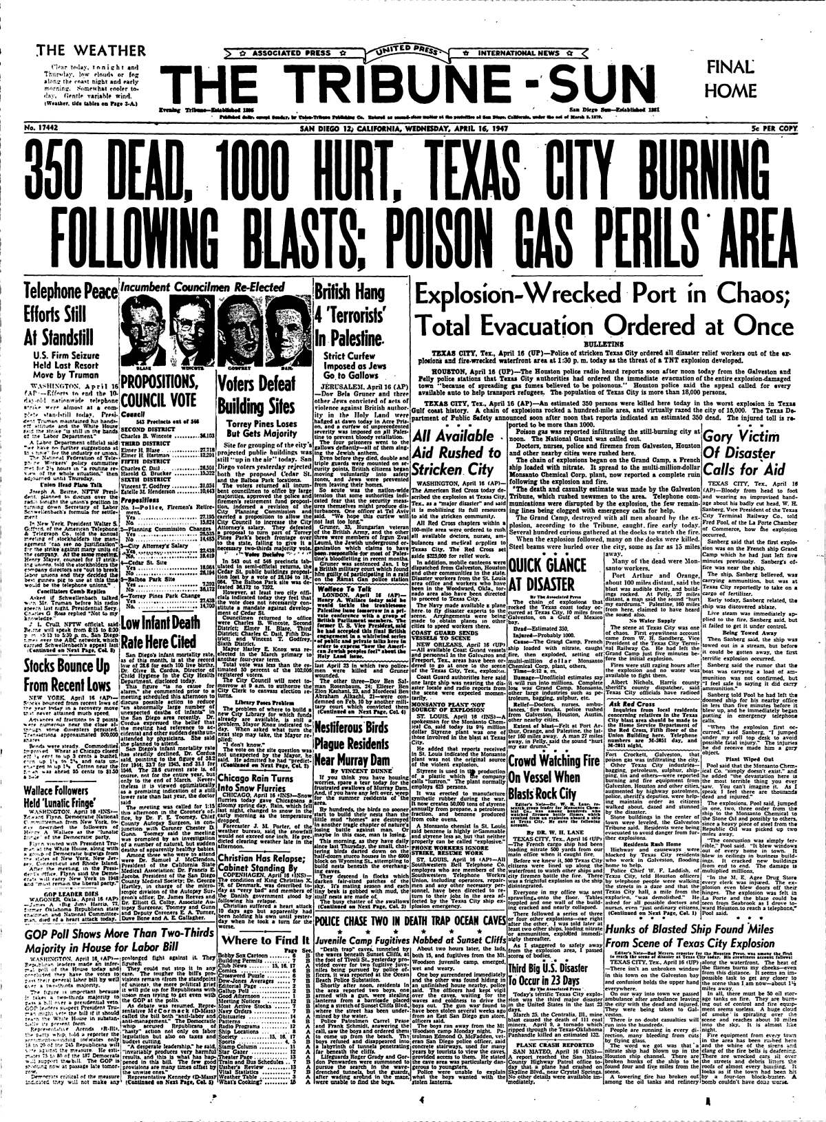 Headlines from the Texas City disaster dominate the April 16, 1947 front page of The Tribune-Sun.
