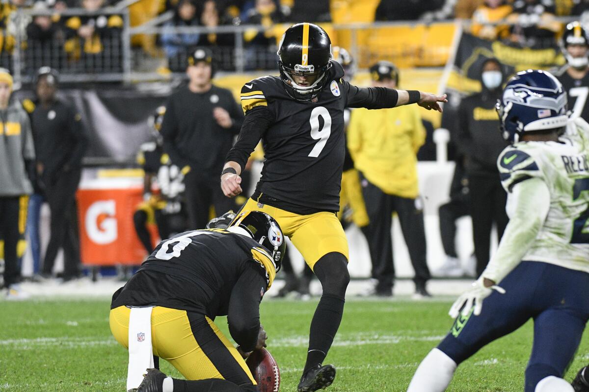 Pittsburgh Steelers kicker Chris Boswell kicks a second-half field goal against the Seattle Seahawks.
