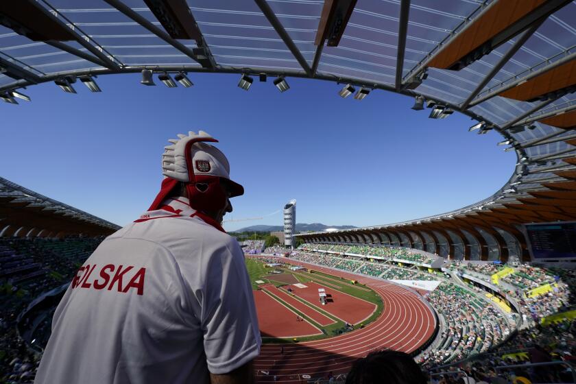 Fans watch during the World Athletics Championships on July 22, 2022, in Eugene, Ore.