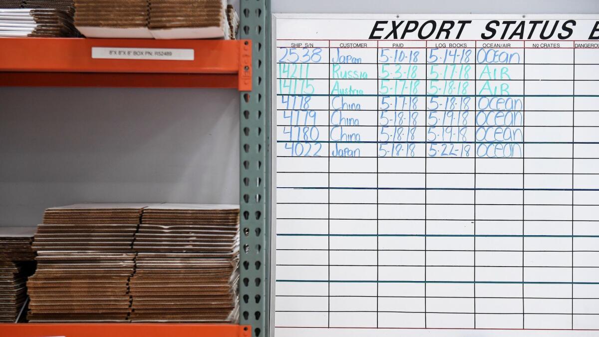 An export status board at Robinson Helicopter Co. in Torrance.