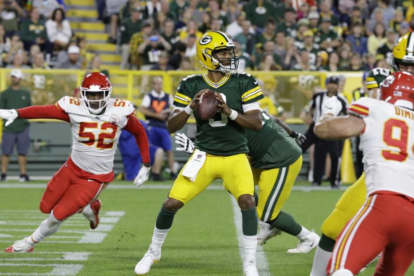 Green Bay Packers' DeShone Kizer throws during the first half of a preseason NFL football game against the Kansas City Chiefs Thursday, Aug. 29, 2019, in Green Bay, Wis. (AP Photo/Mike Roemer)