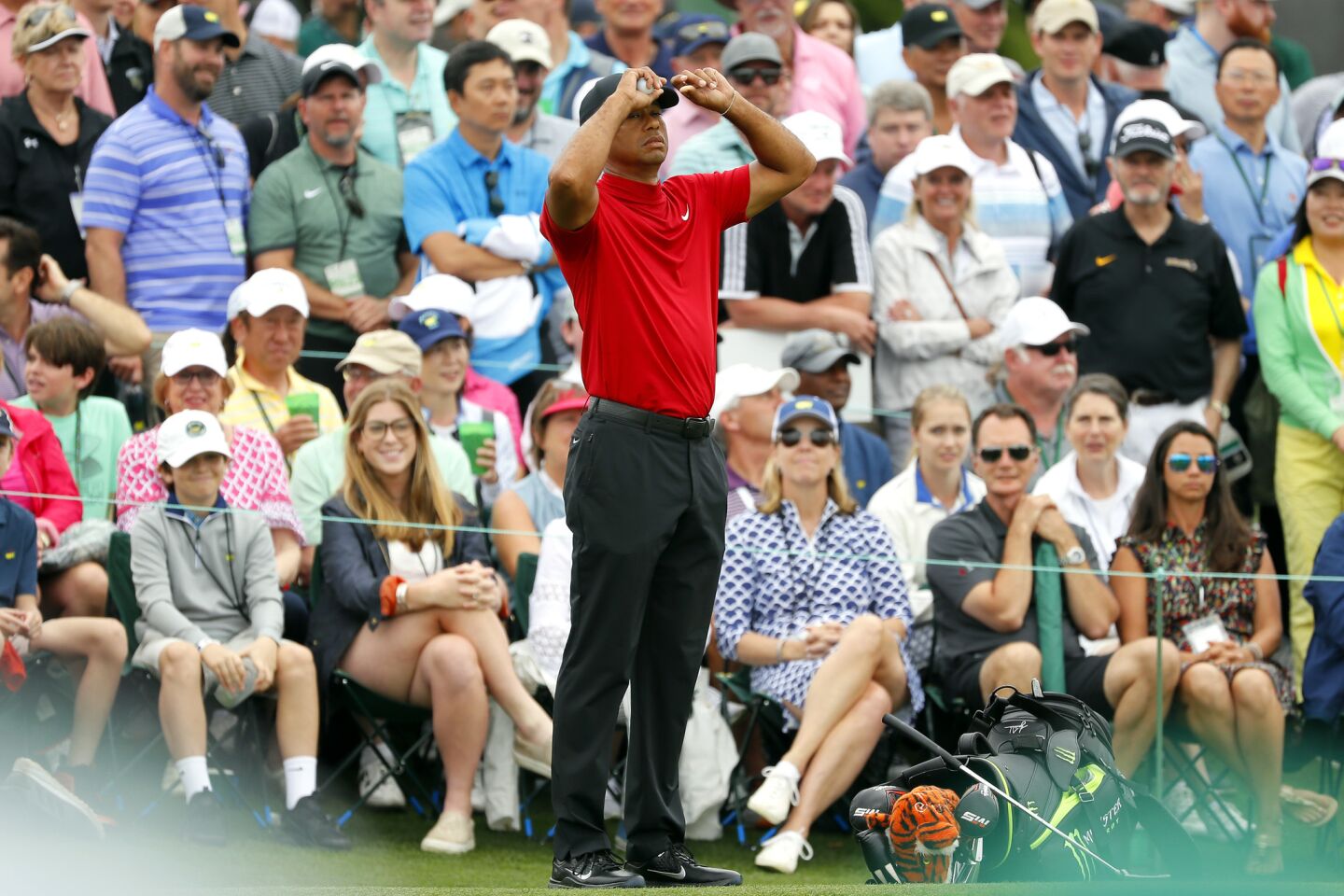 Tiger Woods looks on from the 10th tee during the Masters tournament.