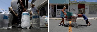 Left: Empty plastic water jugs. Right: Two people moving items in a shopping cart