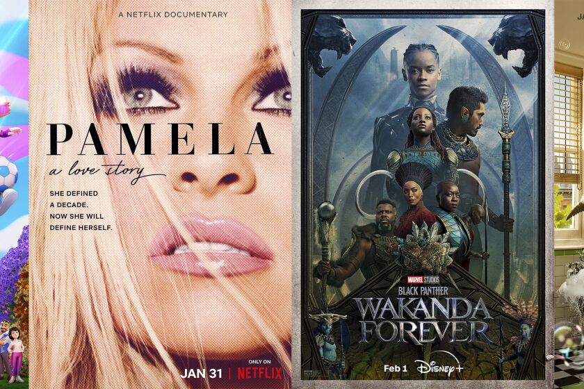 This combination of photos shows promotional at for "Princess Power," a series premiering Jan 30, "Pamela: A Love Story," premiering Jan. 31, "Black Panther: Wakanda Forever," premiering Feb. 1, and "Lyle, Lyle Crocodile" premiering on Feb. 4. (Netflix/Netflix/Disney+/Netflix via AP)