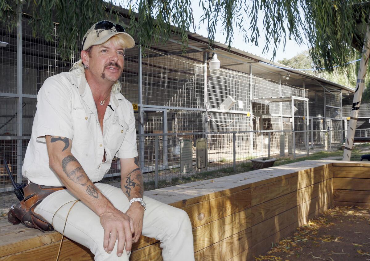 "Tiger King" Joe Exotic sits on a low wall in front of cages