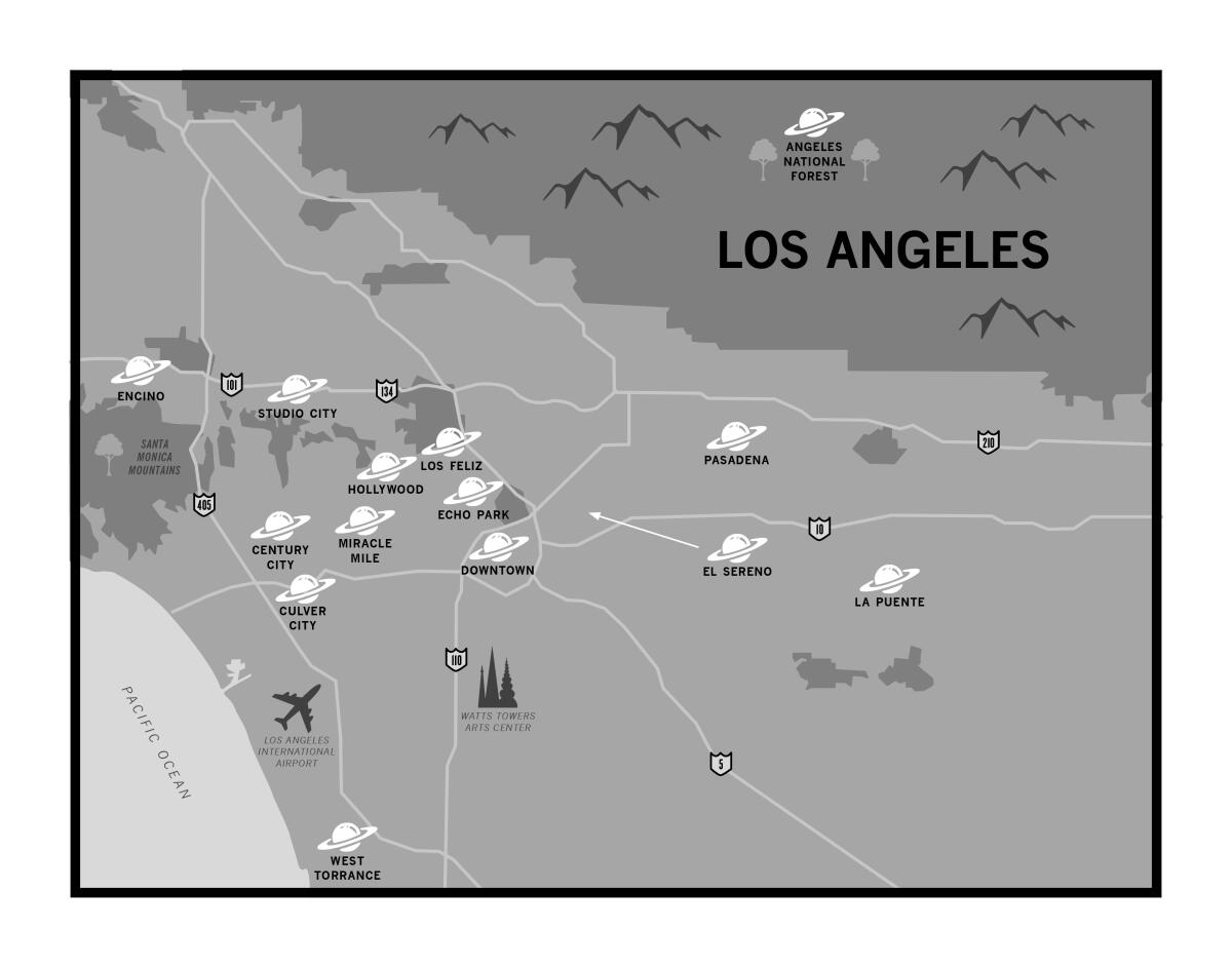 A map inside the book "Speculative Los Angeles" marks the settings of its otherworldly stories.