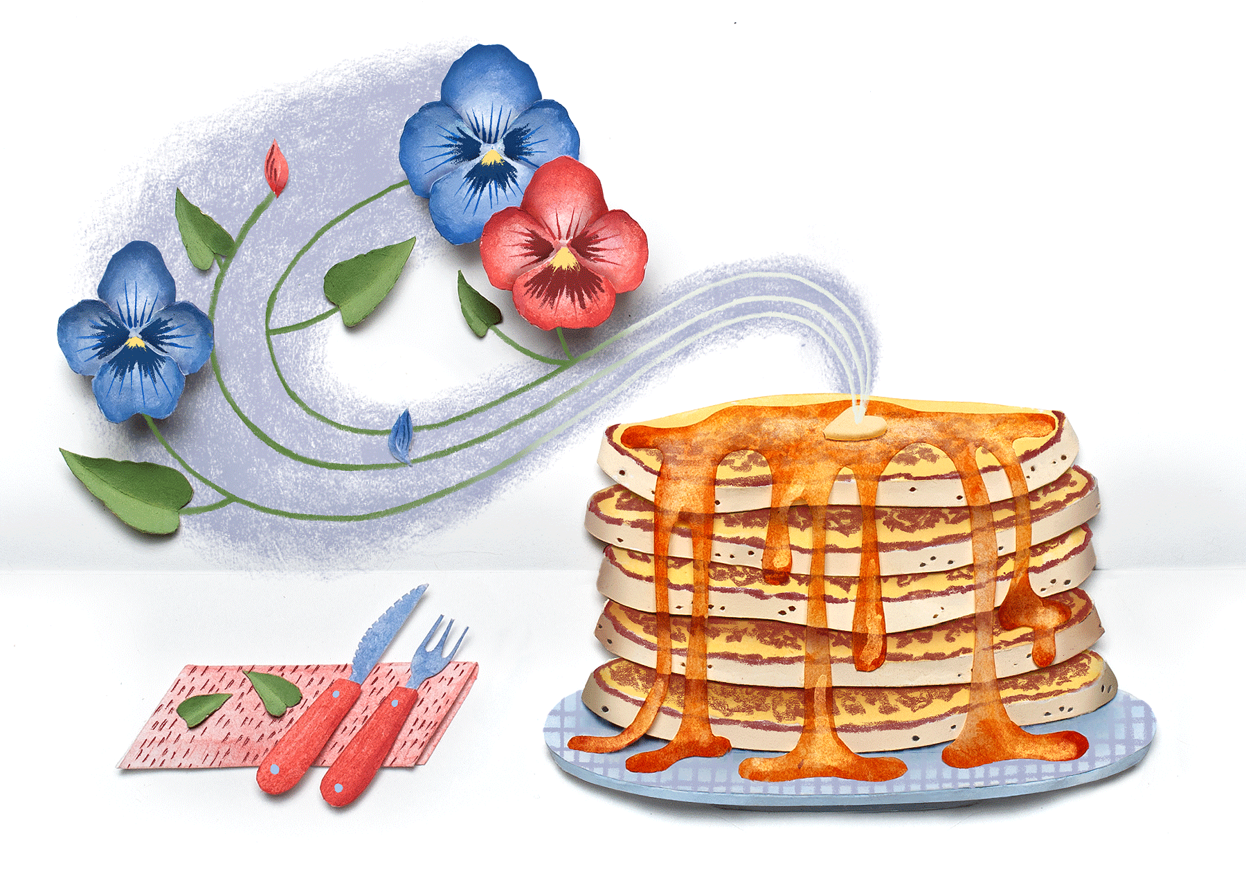 Flowers rise up with the steam from a stack of pancakes.