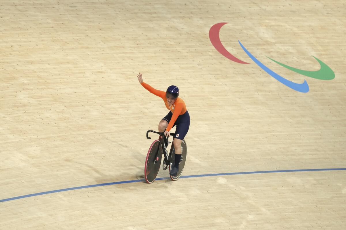 The Netherlands' Caroline Groot reacts as she wins the gold medal in the Women's C4-5 500m time trial final Thursday.