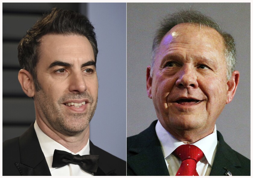 FILE - This combination of file photos shows actor-comedian Sacha Baron Cohen at the Vanity Fair Oscar Party in Beverly Hills, Calif. on March 4, 2018, left, and former Alabama Chief Justice and then U.S. Senate candidate Roy Moore at a news conference in Birmingham, Ala., on Nov. 16, 2017. A federal judge on Tuesday, July 3, 2021, dismissed failed U.S. Senate candidate Roy Moore’s $95 million lawsuit targeting comedian Sacha Baron Cohen filed after Moore complained he was tricked into an interview that lampooned sexual misconduct accusations against him. (AP Photo/File)