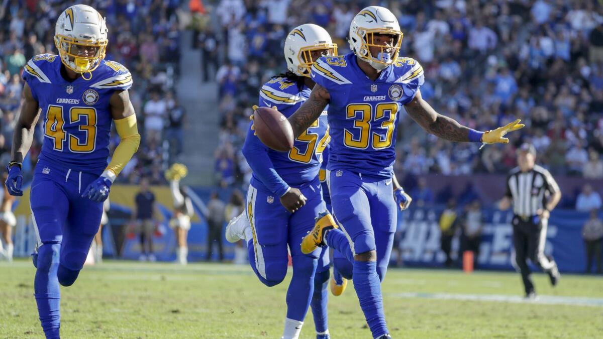 Chargers safety Derwin James celebrates after intercepting a pass from Cardinals quarterback Josh Rosen at StubHub Center.