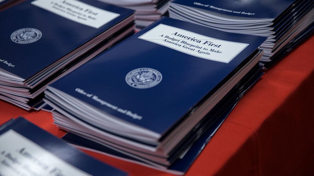 Copies of President Trump's "America First" budget sit in stacks.
