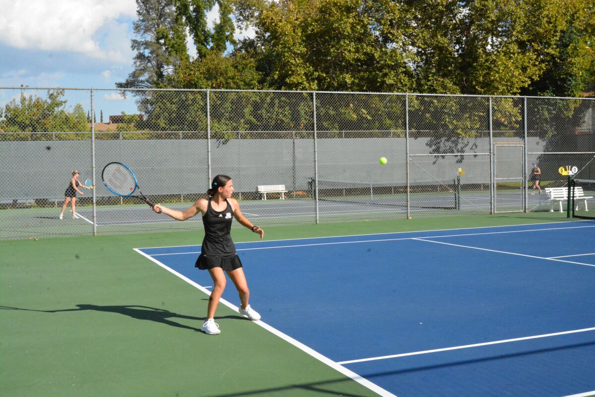 Ramona sophomore Emma Kaufman in a recent match with the Ramona girls tennis team. 
