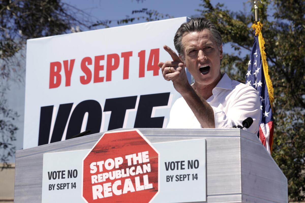 Governor Gavin Newsom gives a speech against the recall campaign