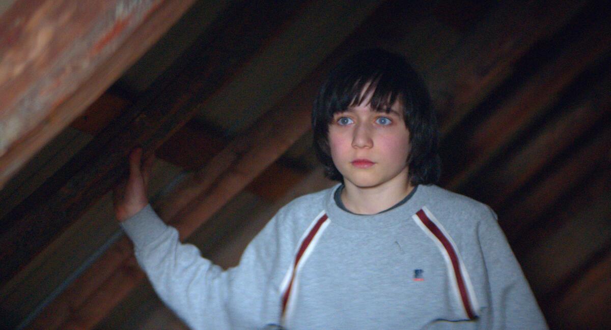 A boy is seen wide-eyed, holding onto a beam inside a wooden attic.