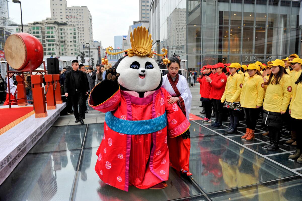 Cartoon character Mei Mei promotes "Kung Fu Panda 3" on Jan. 20, 2016, in Chengdu, Sichuan Province of China.