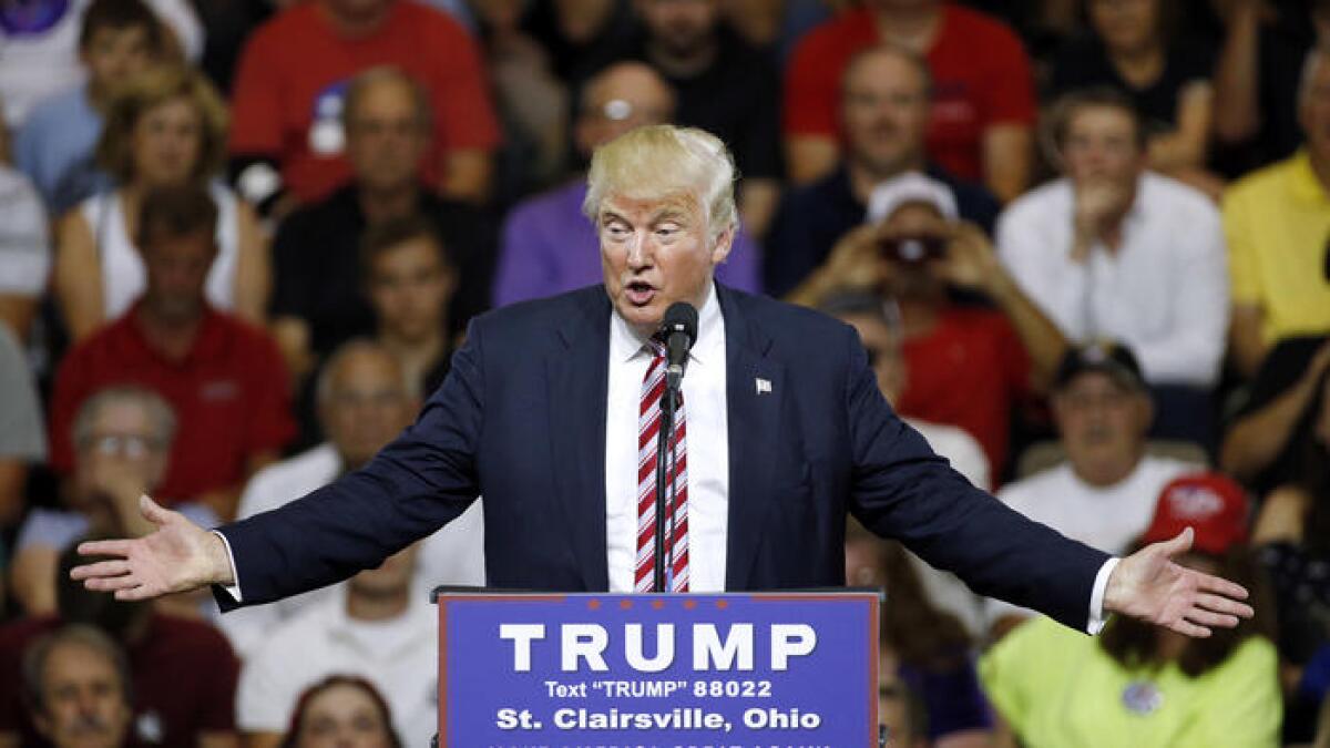 Donald Trump speaks during a rally at the Ohio University Eastern Campus in St. Clairsville, Ohio.