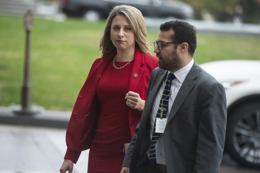 UNITED STATES - OCTOBER 31: Rep. Katie Hill, D-Calif., arrives to the Capitol for the House vote on an impeachment inquiry resolution on Thursday, October 31, 2019. This was Hills last series of votes before her resignation, for having an improper relationship with an aide, becomes effective. (Photo By Tom Williams/CQ-Roll Call, Inc via Getty Images)
