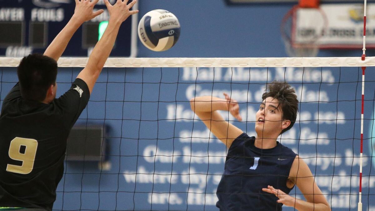 Corona del Mar High's Brandon Browning puts a shot past San Diego Westview blocker Adam Chang in the opening round of the CIF Southern California Regional Division I playoffs on May 22.