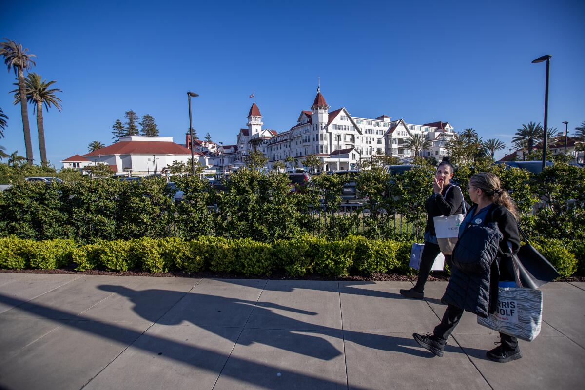 Two people walk along a sidewalk with the Hotel del Coronado in the background