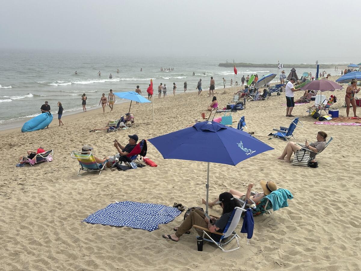 Bañistas bajo sombrillas en la playa de Ocean Grove, el domingo 26 de mayo de 2024, en 