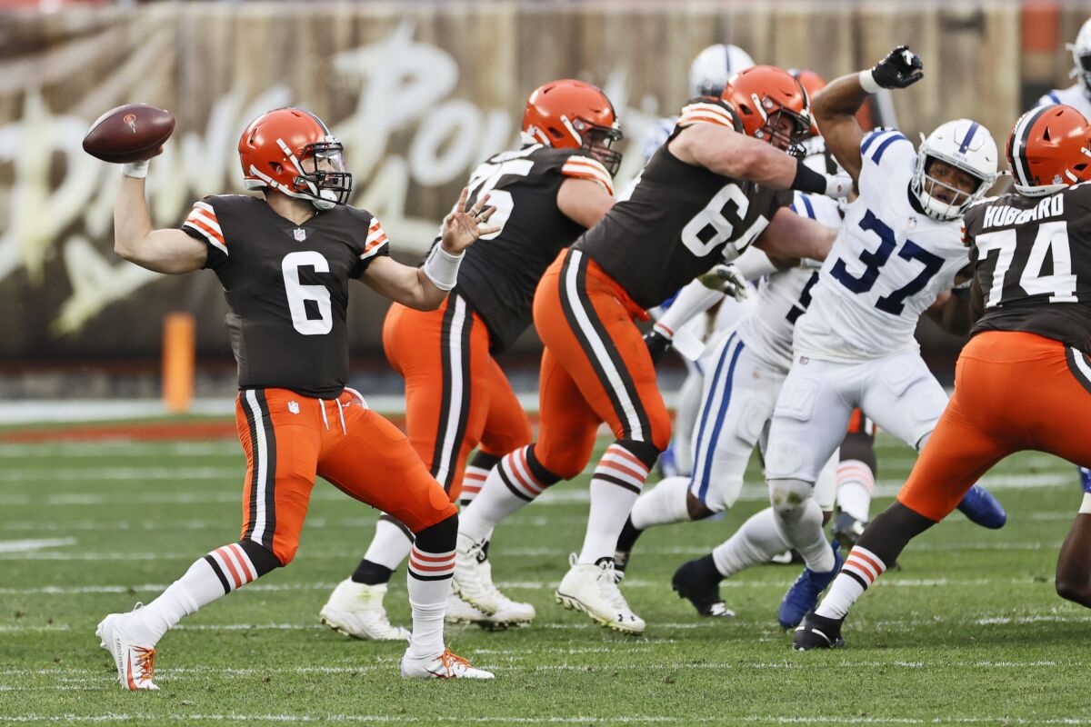 Cleveland Browns quarterback Baker Mayfield throws against the Indianapolis Colts on Sunday.