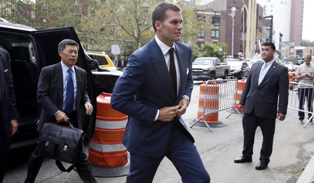 New England Patriots quarterback Tom Brady arrives at Federal court, in New York on Monday.