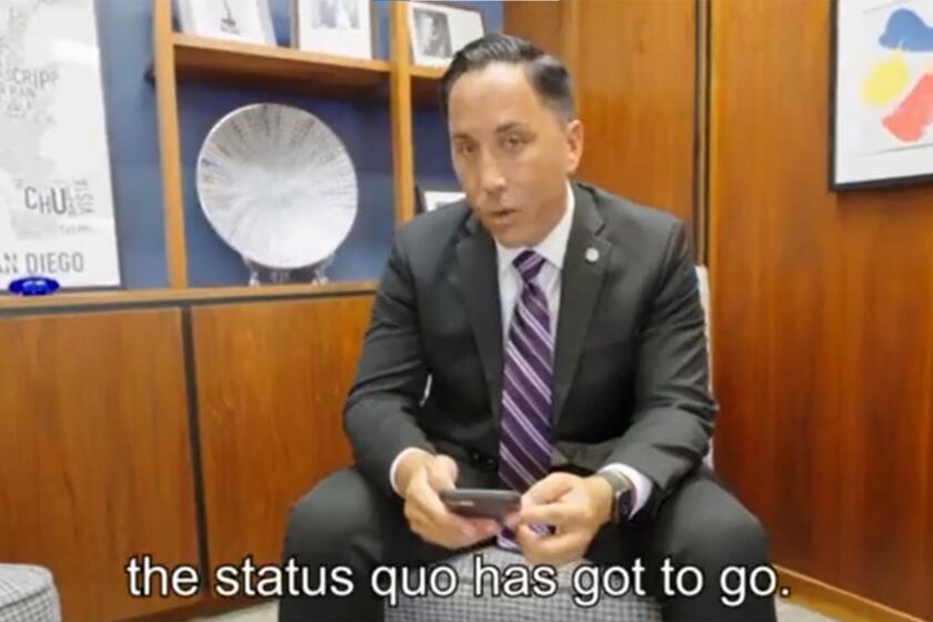 A screenshot from a video of San Diego Mayor Todd Gloria lip-synching about city issues left by former Mayor Kevin Falconer to a parody of Mark Morrison's 1996 "Return of the Mack."