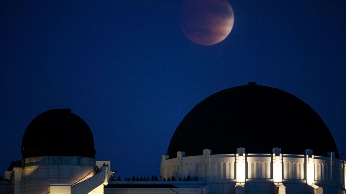 The Griffith Observatory at night.