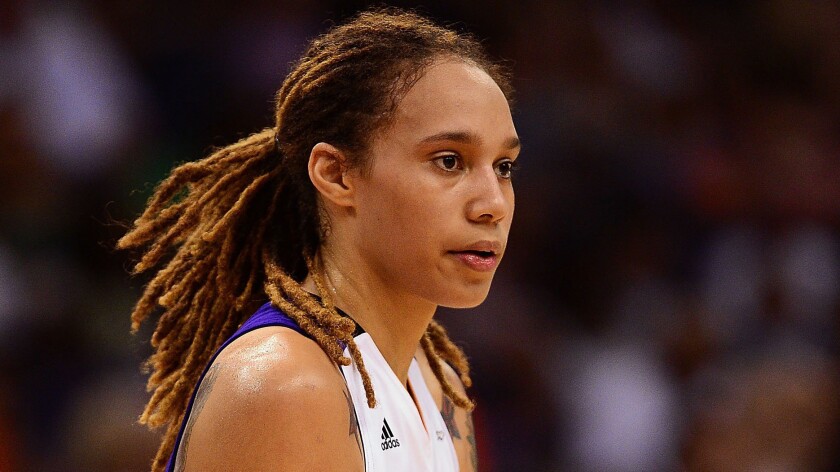 Phoenix Mercury star Brittney Griner looks on during Game 1 of the WNBA Finals against the Chicago Sky on Sept. 7, 2014.