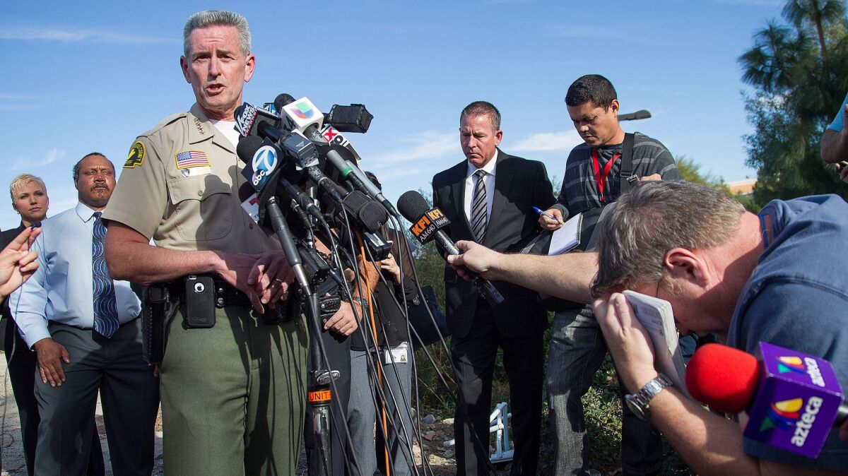 San Bernardino County Sheriff John McMahon briefs the media on what was learned about the mass shooting at the Inland Regional Center in San Bernardino on Dec. 2, 2015 in San Bernardino.