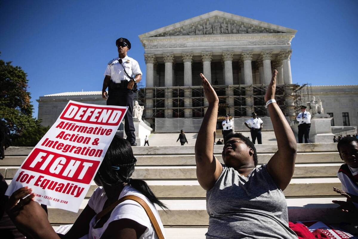 Students protest bans on affirmative action in state university admissions as the Supreme Court hears arguments from both sides.