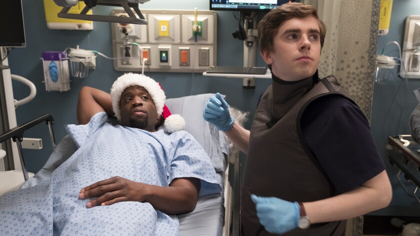 Rell Battle, left, and Freddie Highmore in "The Good Doctor" on ABC.