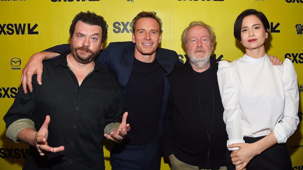 Danny McBride, from left, Michael Fassbender, Ridley Scott, and Katherine Waterston at the "Alien" premiere at the South by Southwest festival on March 10, 2017, in Austin, Texas.