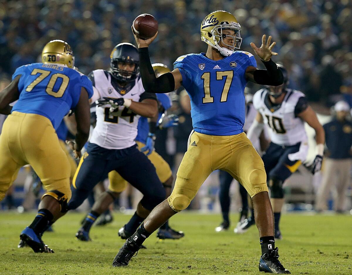 UCLA quarterback Brett Hundley throws a pass during the second quarter of the Bruins' game against California.