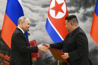 FILE - Russian President Vladimir Putin, left, and North Korea's leader Kim Jong Un exchange documents during a signing ceremony of the new partnership in Pyongyang, North Korea, on June 19, 2024. (Kristina Kormilitsyna, Sputnik, Kremlin Pool Photo via AP, File)