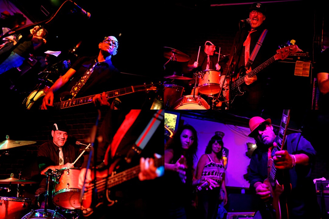 Four photos of members of the Punk Rock Karaoke Band playing guitar and drums