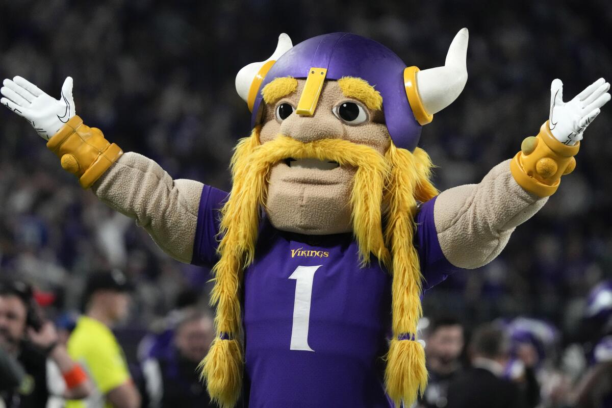 Minnesota Vikings' mascot Viktor cheers on the sideline 