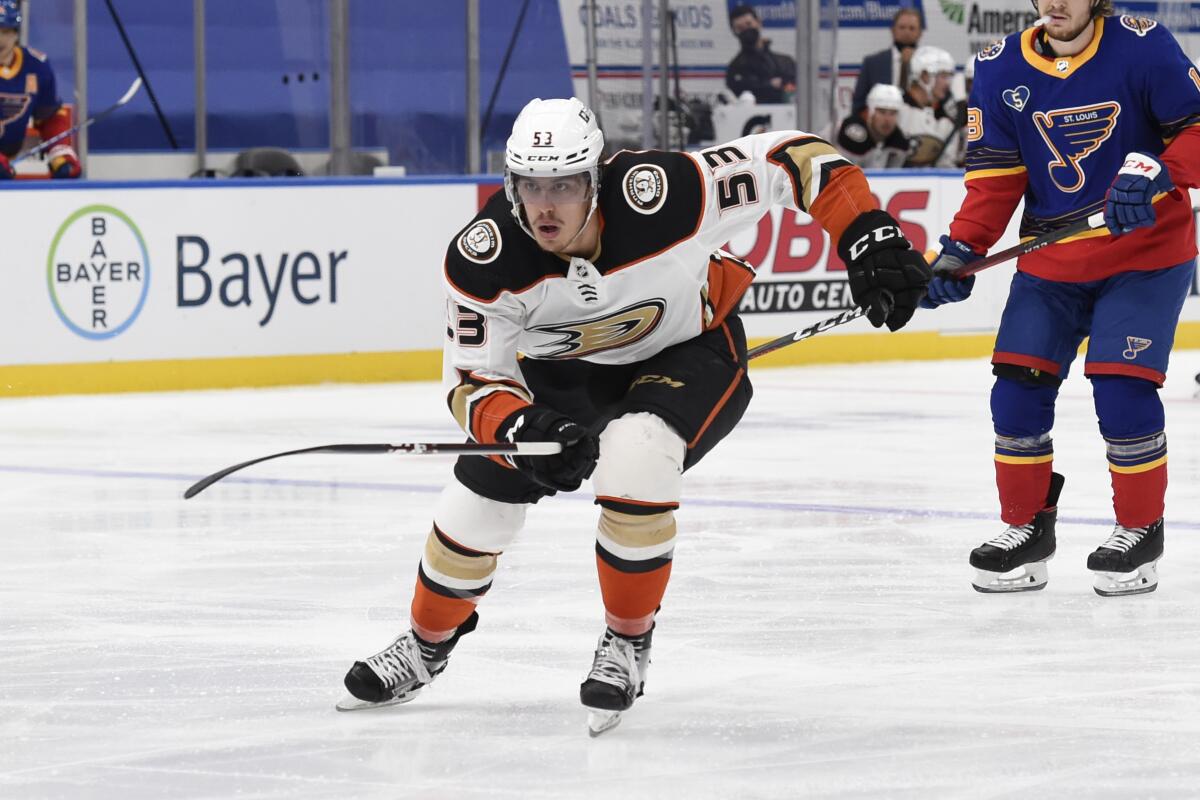 Ducks forward Max Comtois chases the puck during a game against the St. Louis Blues in May.