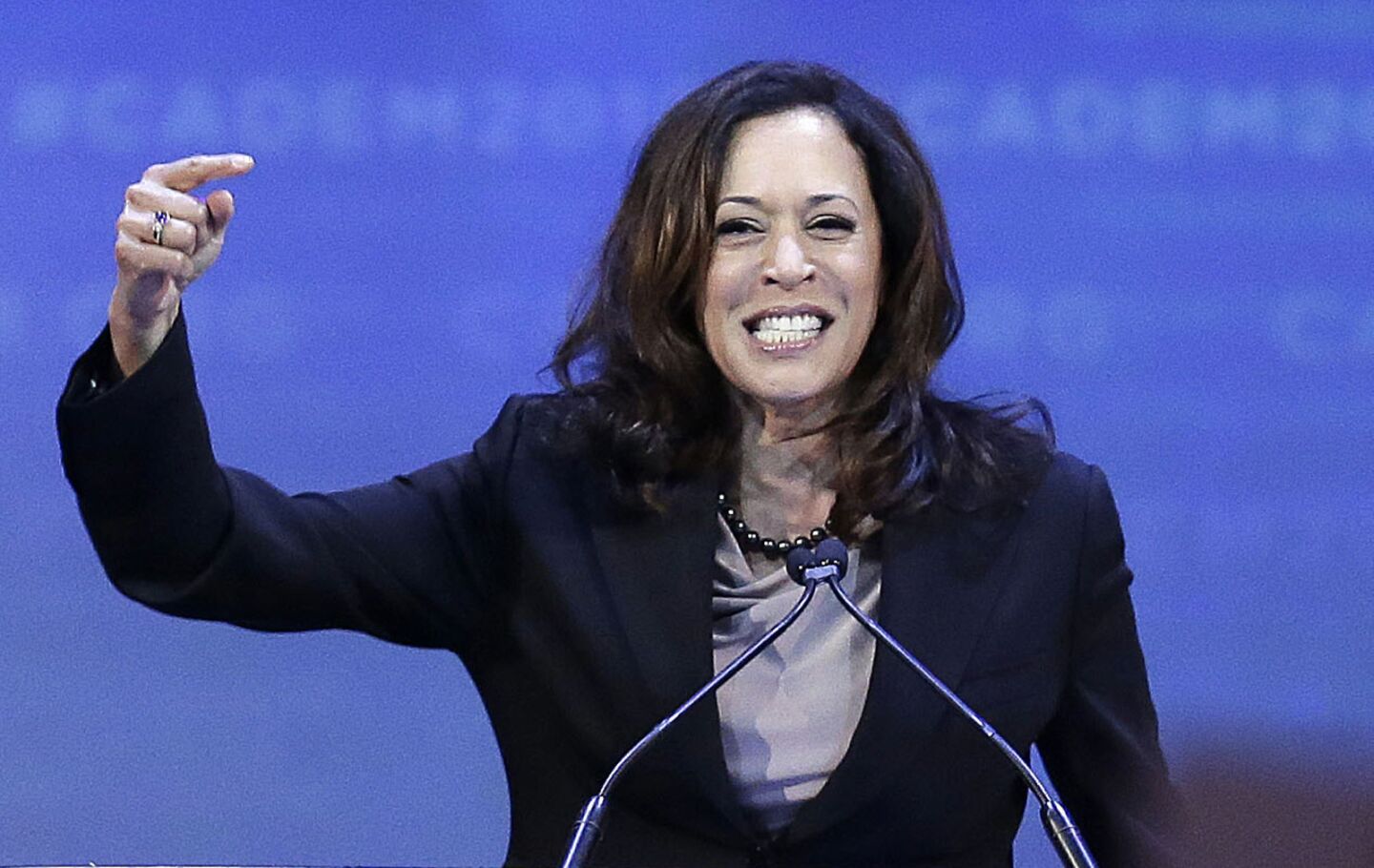 California Atty. Gen. Kamala Harris gestures while speaking before the California Democratic Party Convention on Saturday in San Jose.