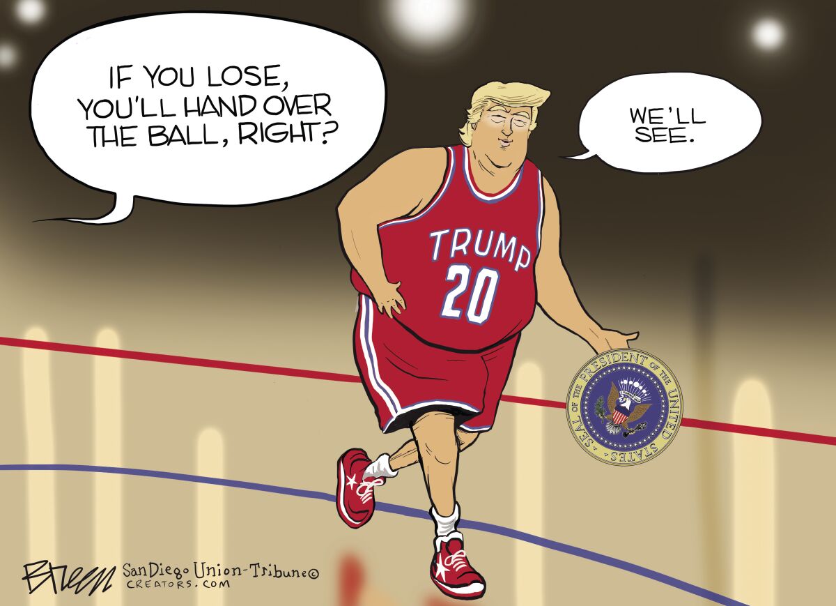 In this cartoon, Trump dribbles the presidential seal like a basketball and suggests he might not give it back if he loses