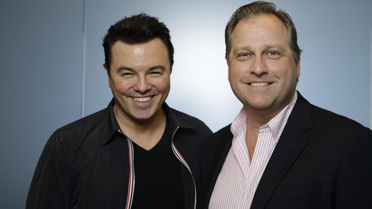 BEVERLY HILLS, CA -- APRIL 19, 2019: After the television watchdog Parents Television Council targeted Seth MacFarlane's (left) ribald animated show "Family Guy," the comedian/creator/actor responded in a heartfelt letter, that resulted in a longterm friendship with the head of the PTC, Tim Winter. (Myung J. Chun / Los Angeles Times)