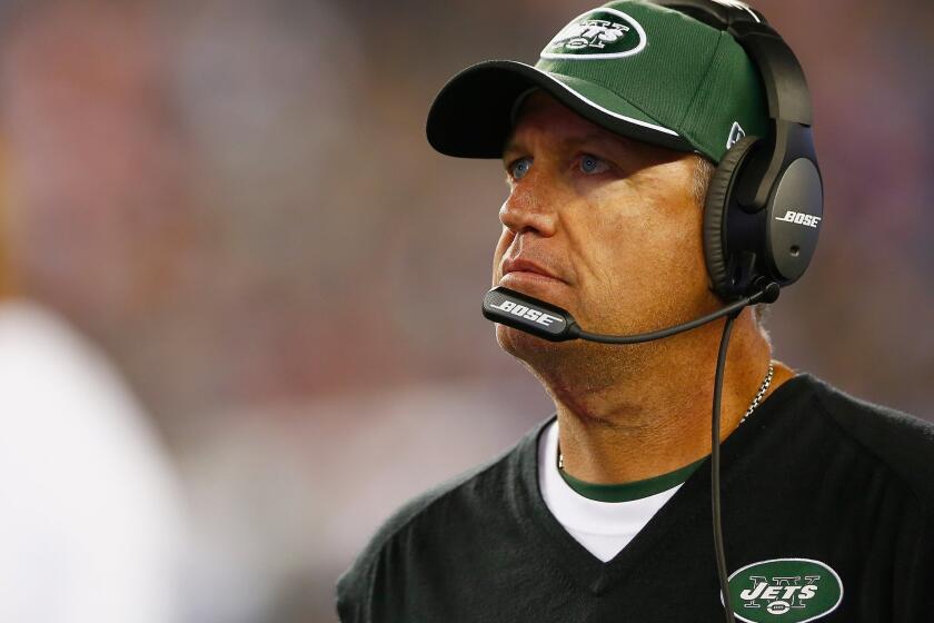 Rex Ryan looks on during an Oct. 16 game between the New York Jets and the New England in Foxboro, Mass.