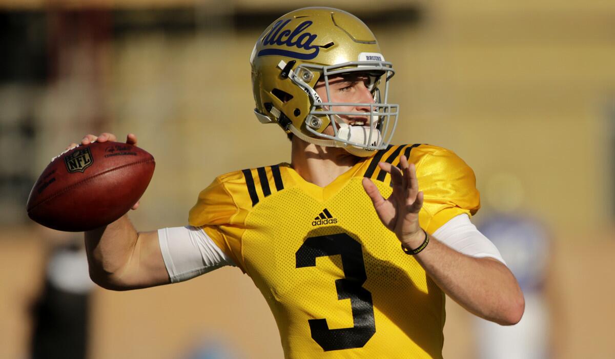 Josh Rosen throws during a spring football practice at UCLA. He could be the Bruins' starting quarterback.