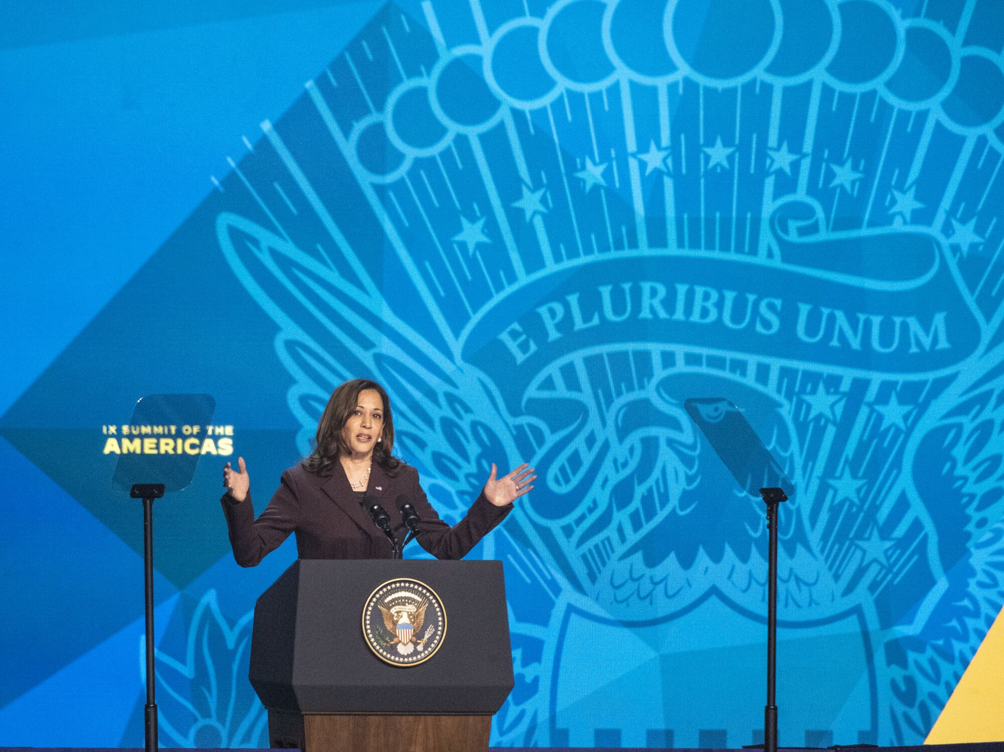 Vice President Kamala Harris speaks during the inaugural ceremony of the the Summit of the Americas at Microsoft Theater