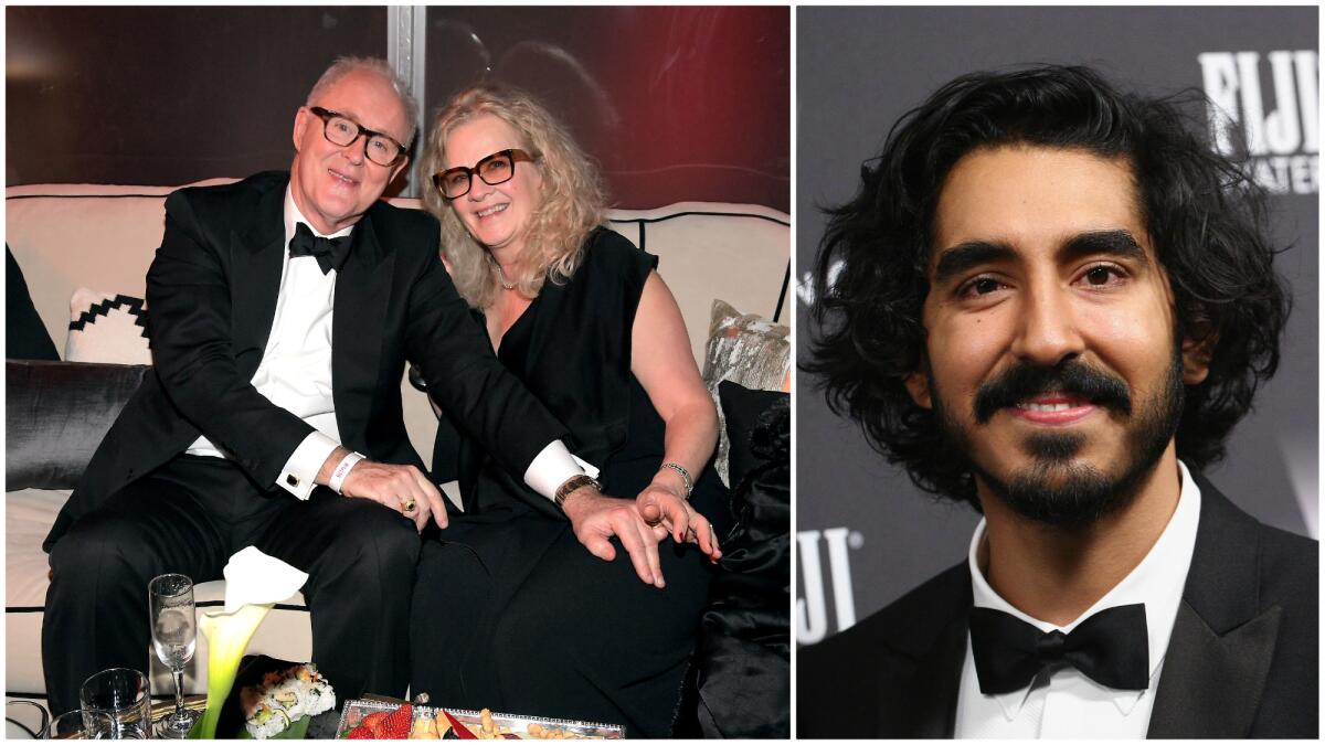 At left, John Lithgow ("The Crown") and wife Mary Yeager at the Weinstein Co./Netflix Golden Globes after-party. At right, actor Dev Patel ("The Lion") was among the high-profile attendees spotted at the event.