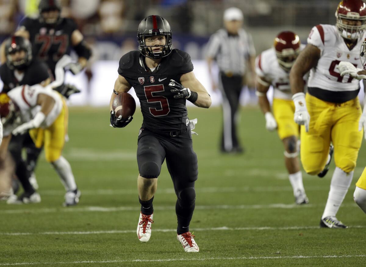 Stanford running back Christian McCaffrey (5) rushes against USC in the Pac-12 Conference championship.