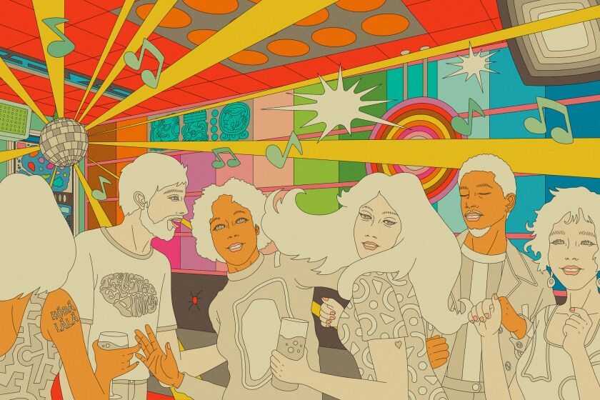 An illustration of a group of people dancing in a technicolor club