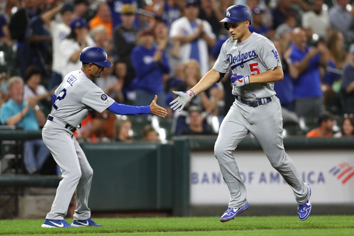 Dodgers' Corey Seager (5) rounds the bases after hitting a two-run home run against the Baltimore Orioles during the third inning on Tuesday in Baltimore.